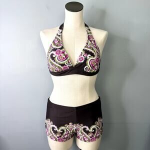 Athleta 2 Piece Bikini Set Triangle Bikini Boy Shorts Brown Purple Paisley Sz M